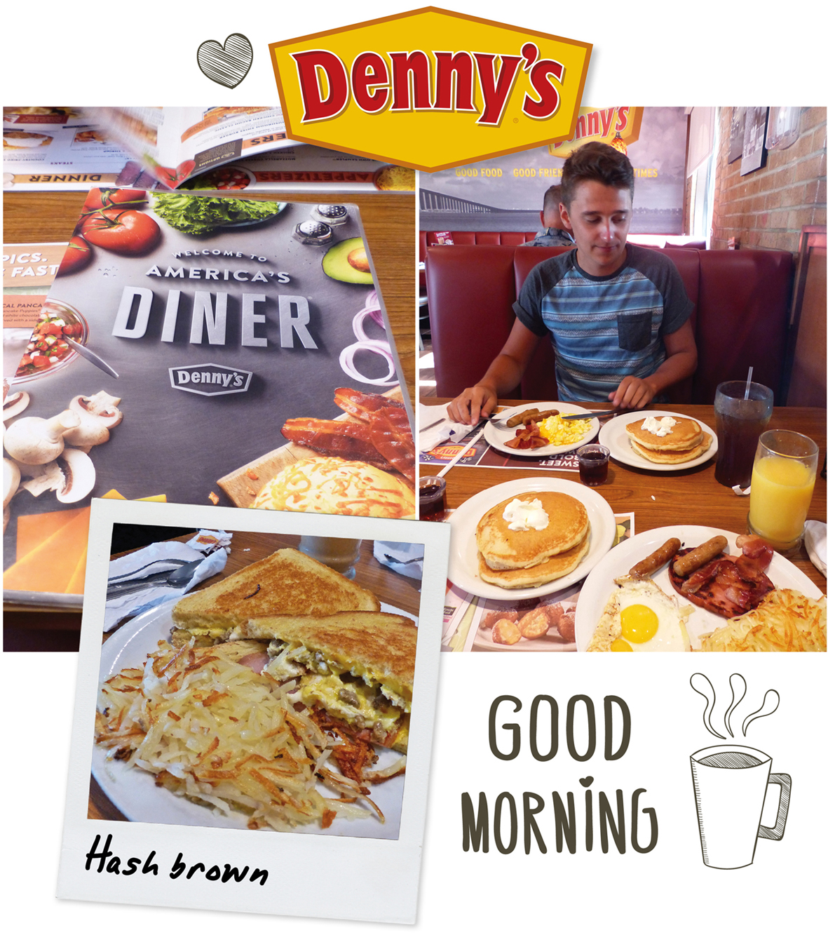 usa, food, Dennys, diner, pancake, breakfast, oeuf, fromage, bacon, voyage, road trip